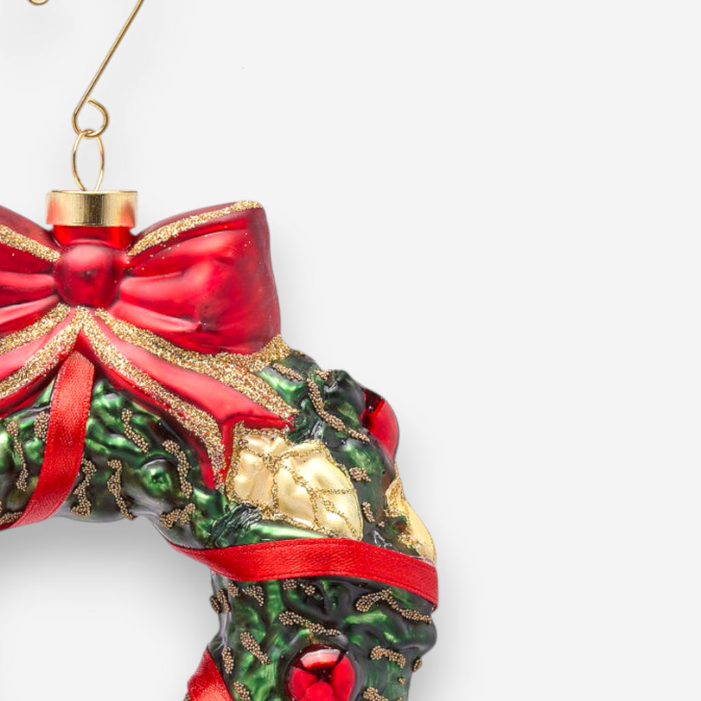 Weihnachtsanhänger Kranz mit Schleife Rot Grün Gold Glas mundgeblasen handbemalt Ø15cm, Ansicht 3