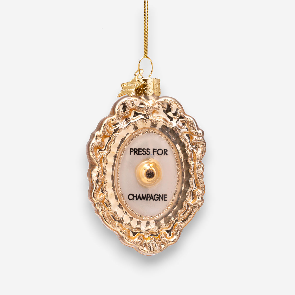 Weihnachtsanhänger goldener Klingelknopf Press for Champagne aus Glas mundgeblasen handbemalt H9cm, Ansicht 2