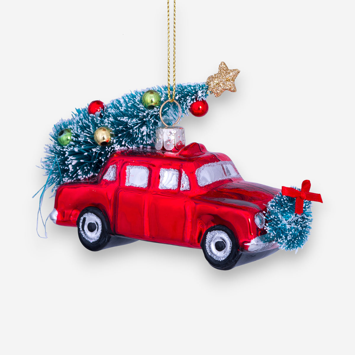 Weihnachtsanhänger rotes Auto mit Weihnachtsbaum Glas mundgeblasen handbemalt H7.5cm, Ansicht 2