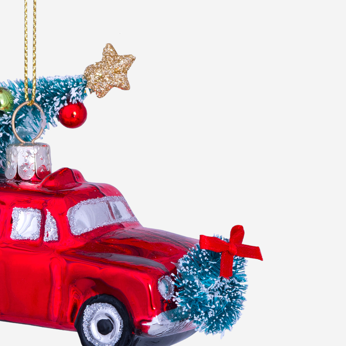 Weihnachtsanhänger rotes Auto mit Weihnachtsbaum Glas mundgeblasen handbemalt H7.5cm, Ansicht 3
