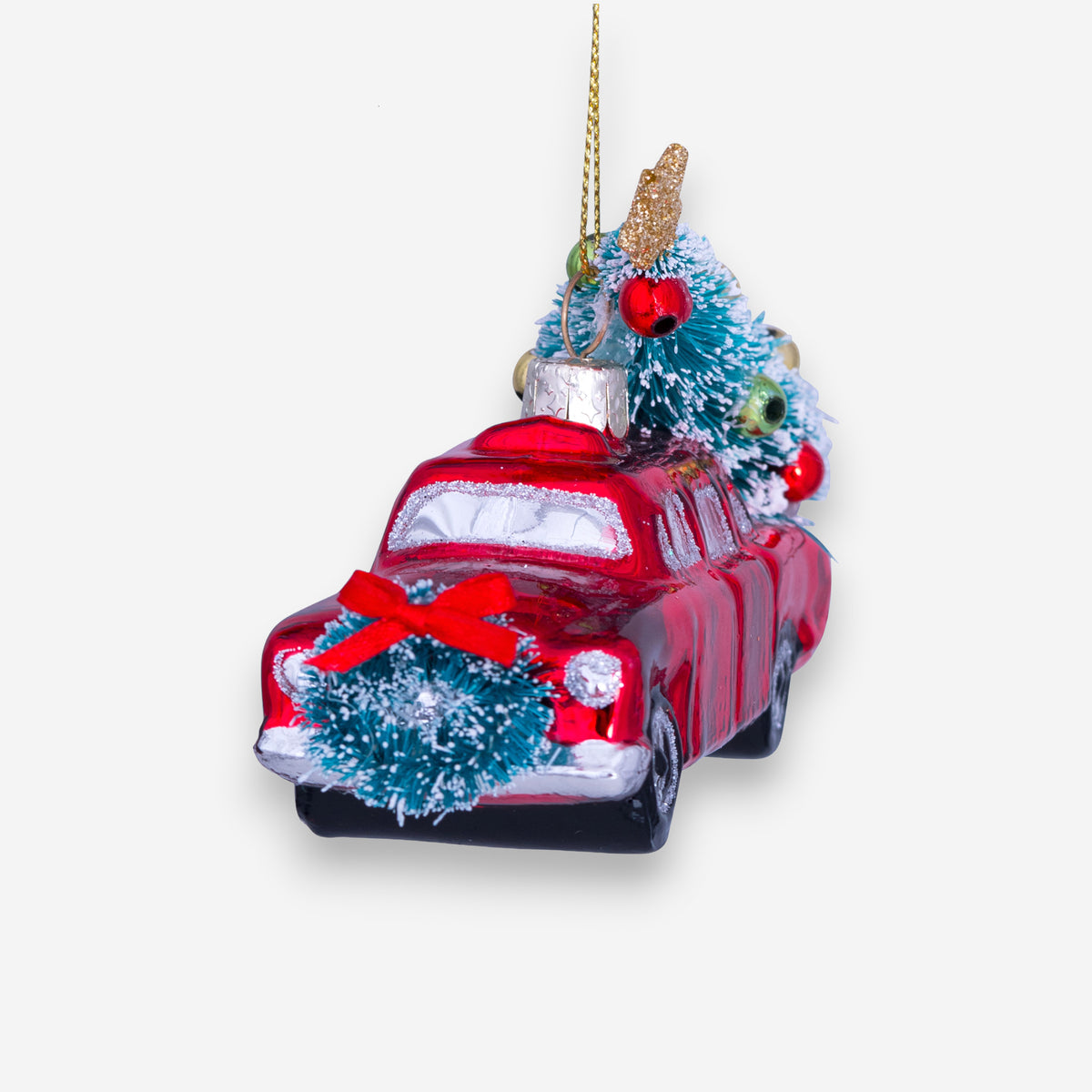 Weihnachtsanhänger rotes Auto mit Weihnachtsbaum Glas mundgeblasen handbemalt H7.5cm, Ansicht 4