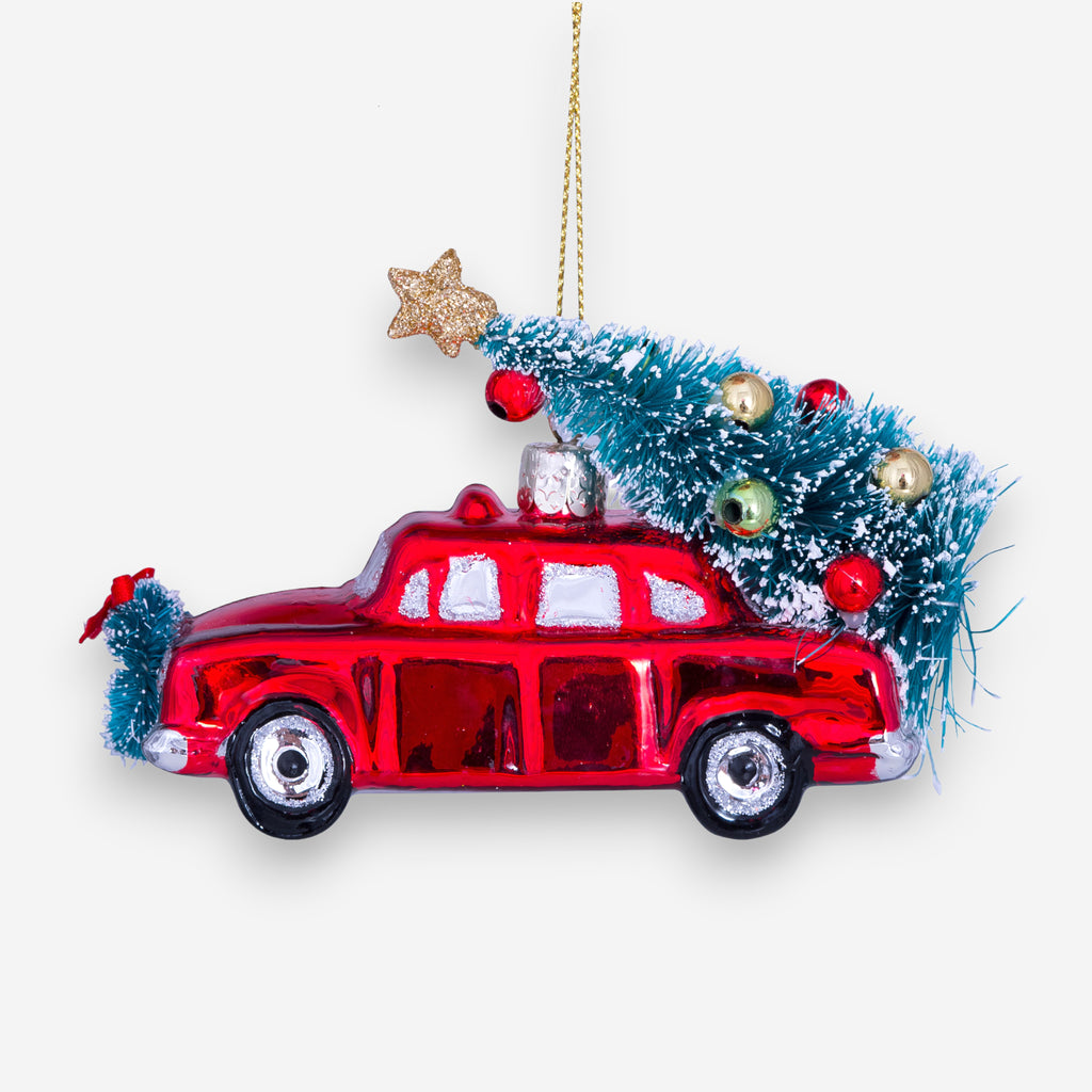 Weihnachtsanhänger rotes Auto mit Weihnachtsbaum Glas mundgeblasen handbemalt H7.5cm, Ansicht 5