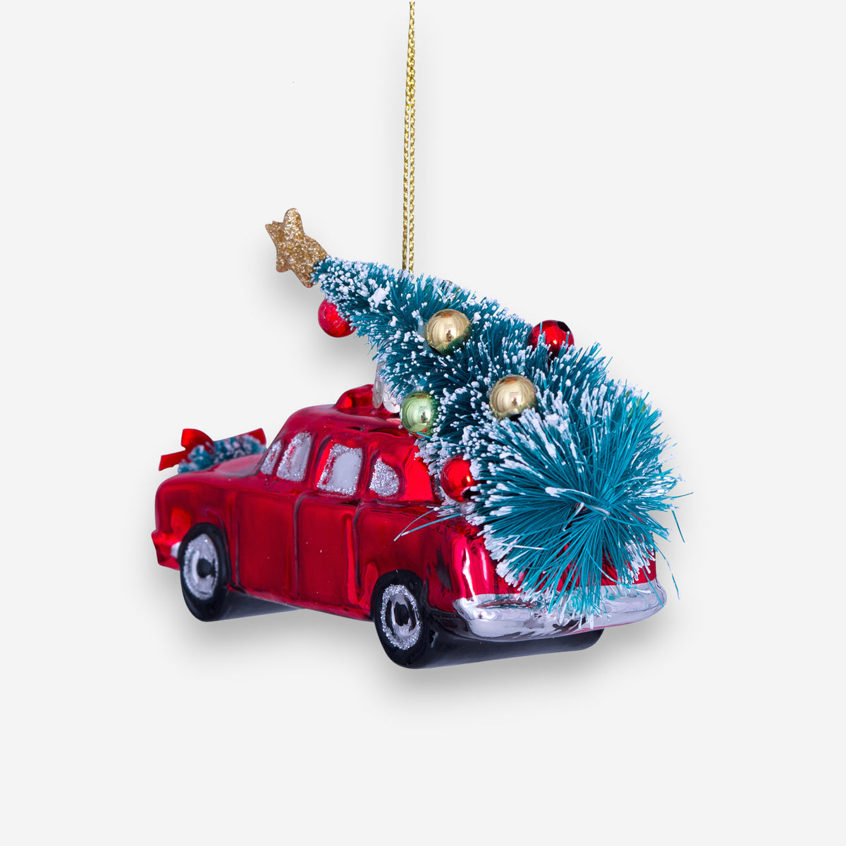 Weihnachtsanhänger rotes Auto mit Weihnachtsbaum Glas mundgeblasen handbemalt H7.5cm, Ansicht 6