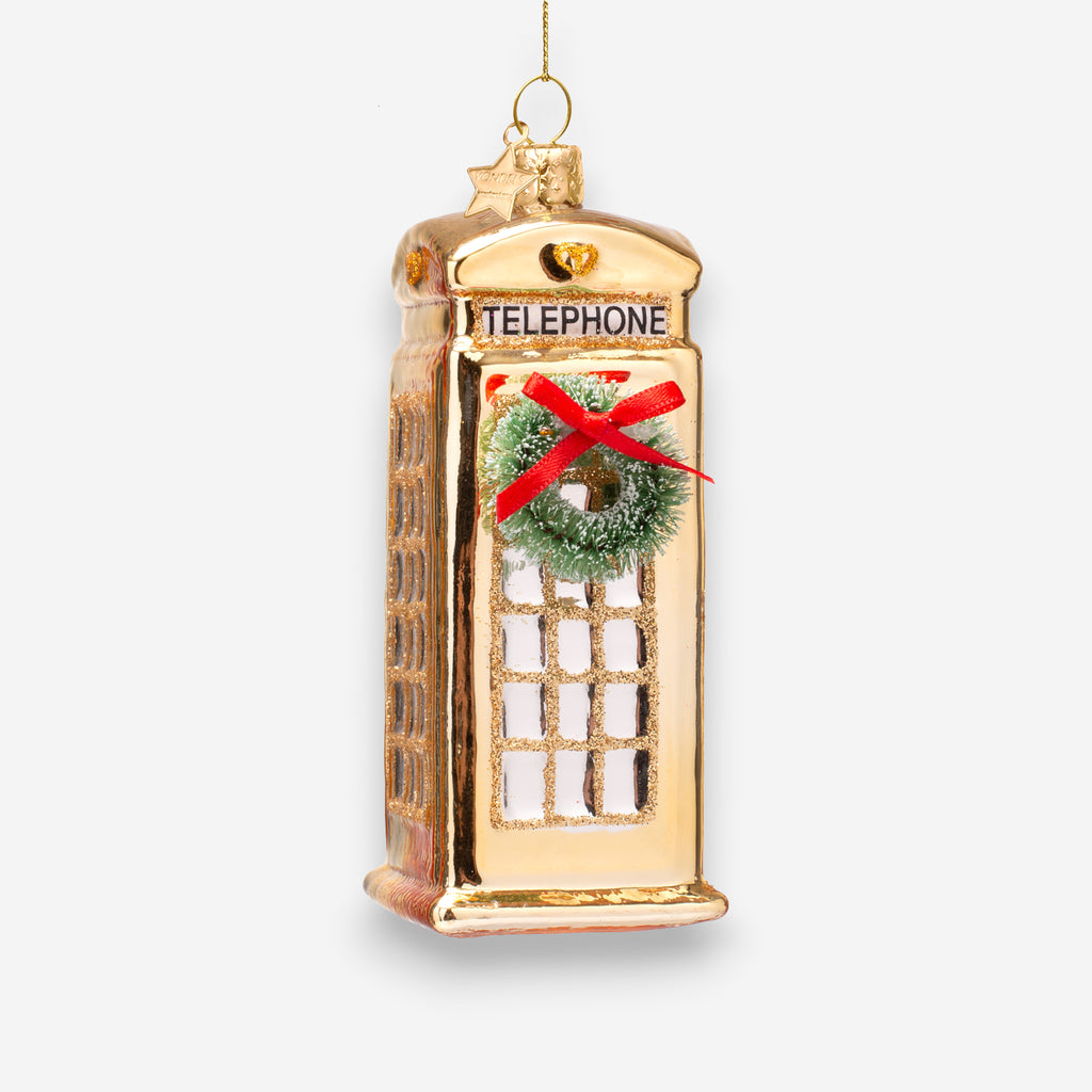 Weihnachtsanhänger goldene Telefonzelle London aus Glas mundgeblasen handbemalt H12cm, Ansicht 2