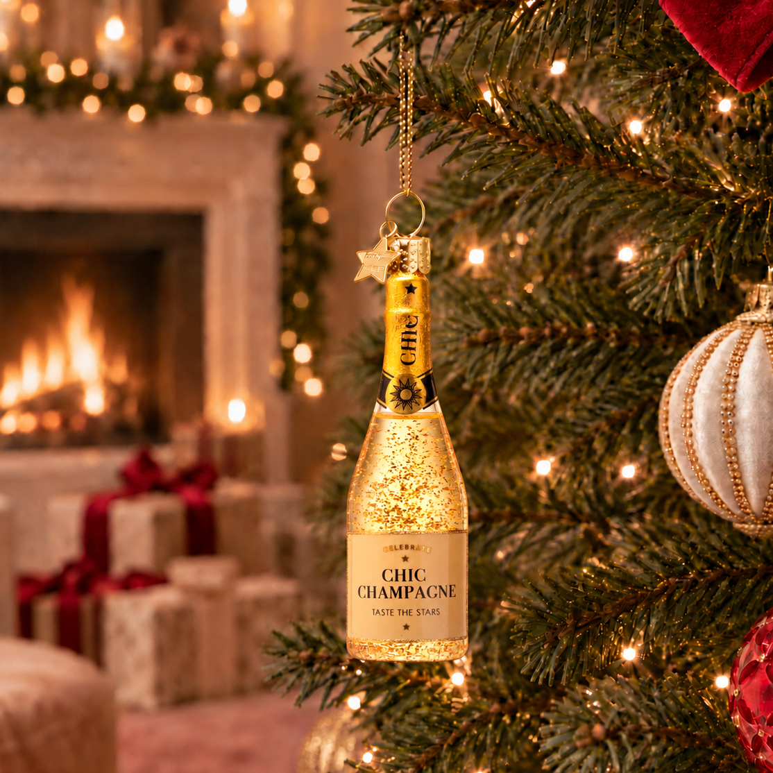 Weihnachtsanhänger Champagnerflasche aus Glas mundgeblasen handbemalt H13.5cm