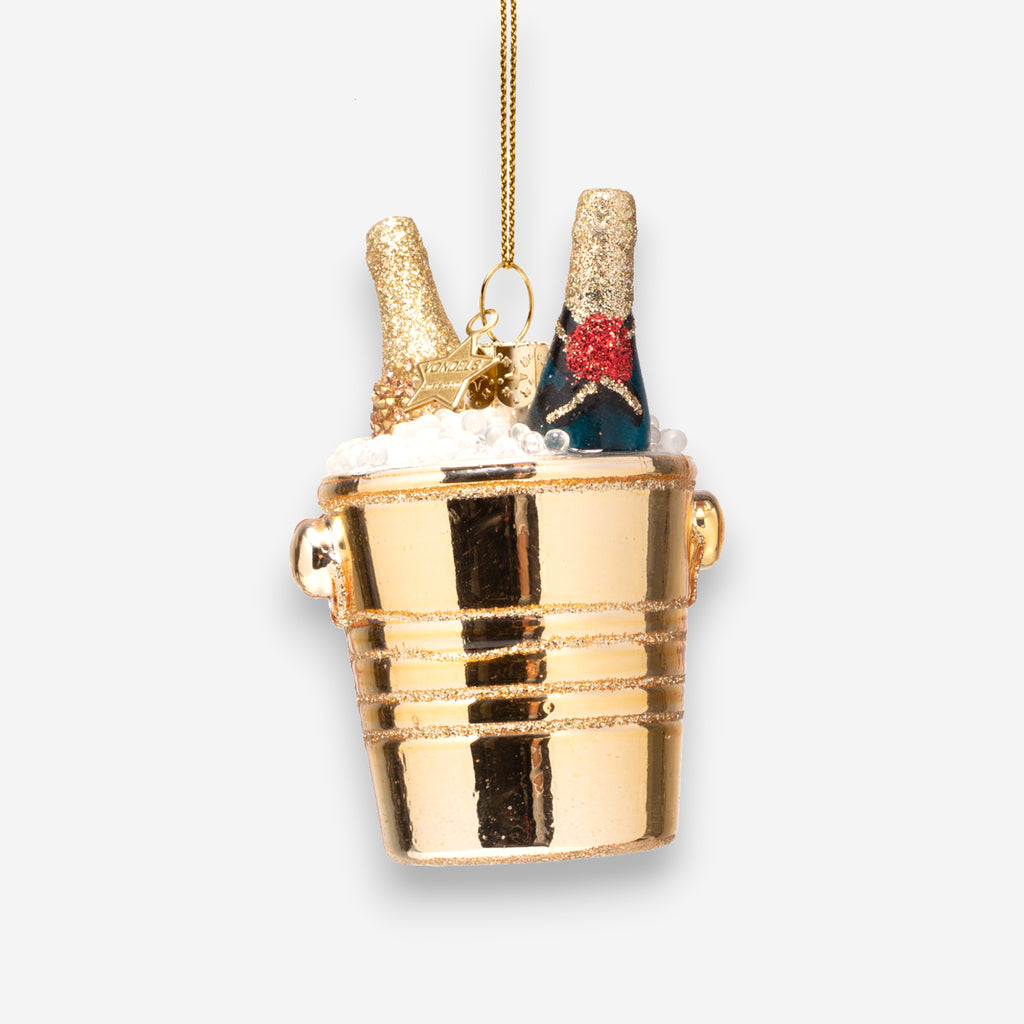 Weihnachtsanhänger aus Glas Champagnerflaschen im goldenen Kühler mundgeblasen handbemalt H8.5cm, Ansicht 2