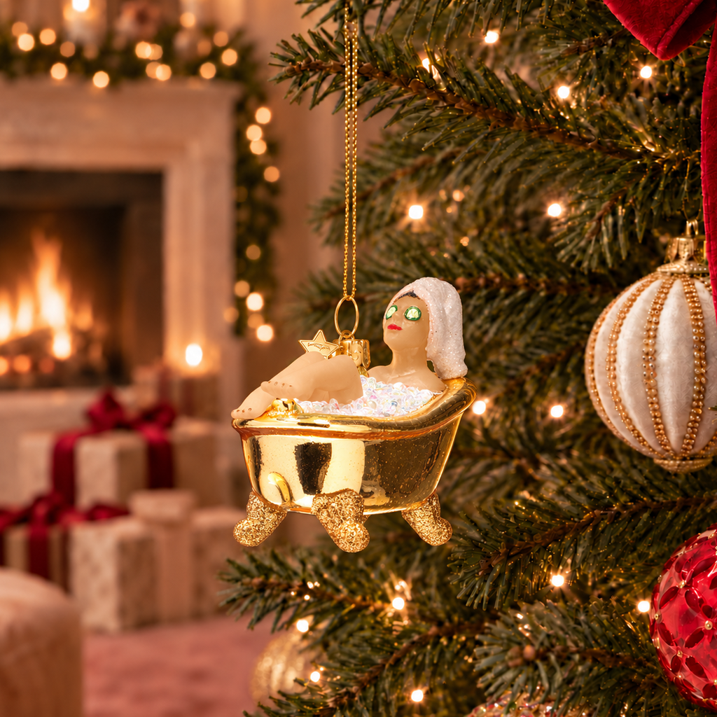 Weihnachtsanhänger Frau in goldener Badewanne Glas mundgeblasen handbemalt H6cm
