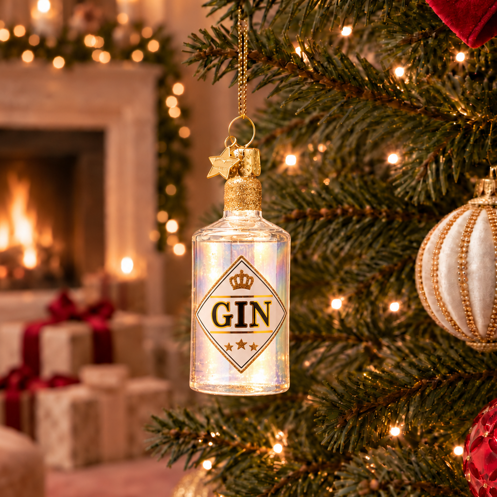 Weihnachtsanhänger Gin Flasche Weiss aus Glas mundgeblasen handbemalt H9.5cm