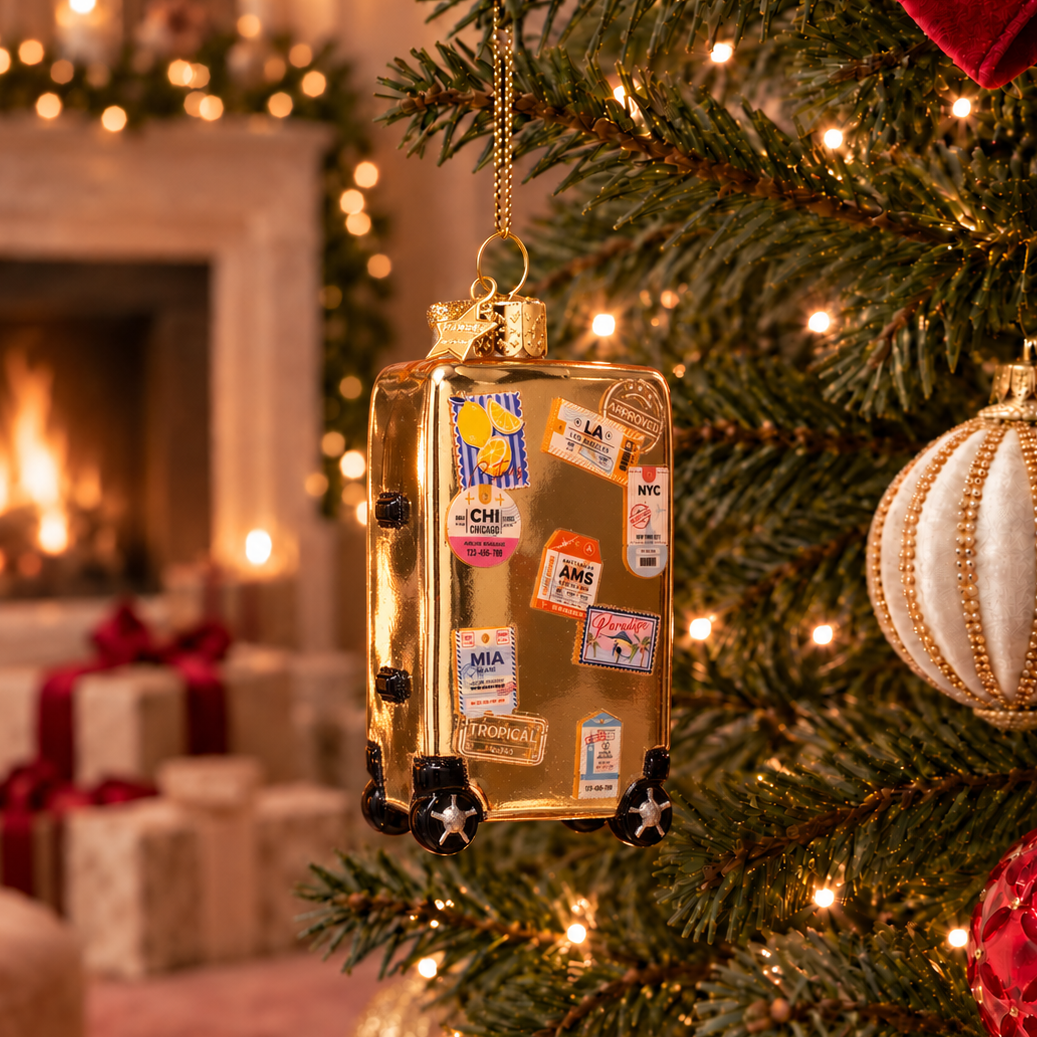 Weihnachtsanhänger goldener Koffer mit Stickers aus Glas mundgeblasen handbemalt H9.5cm
