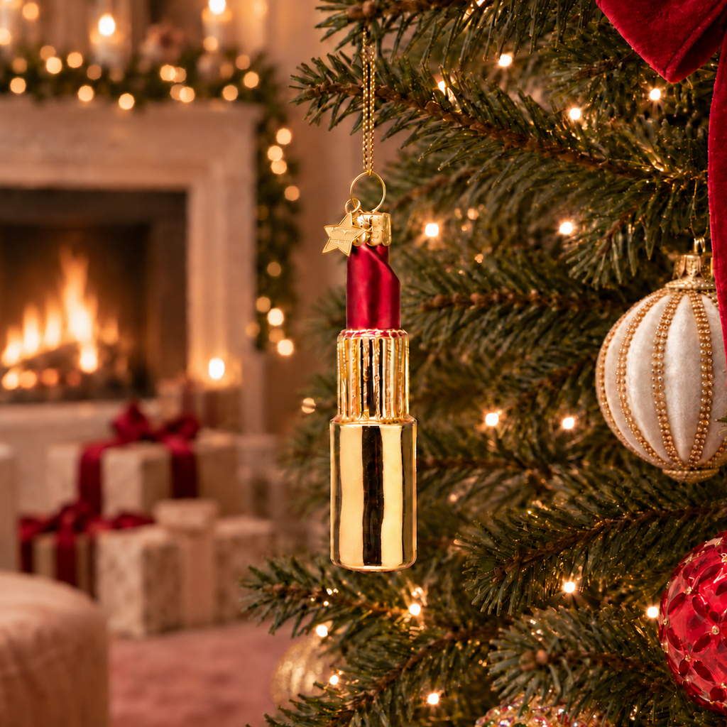Weihnachtsanhänger goldener Lippenstift Rot Glas mundgeblasen handbemalt H11cm