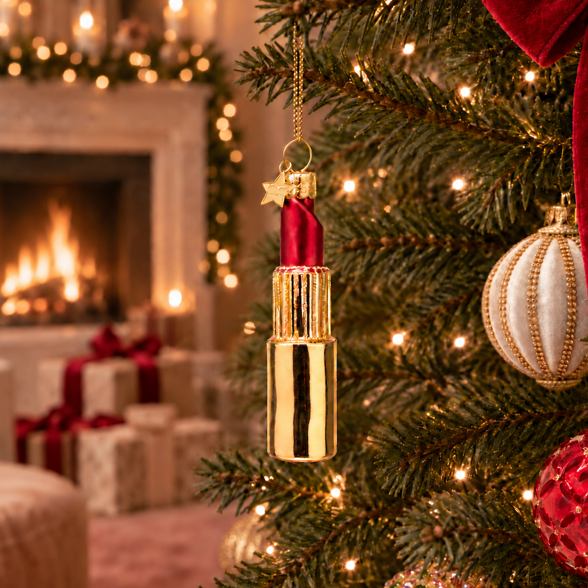 Weihnachtsanhänger goldener Lippenstift Rot Glas mundgeblasen handbemalt H11cm
