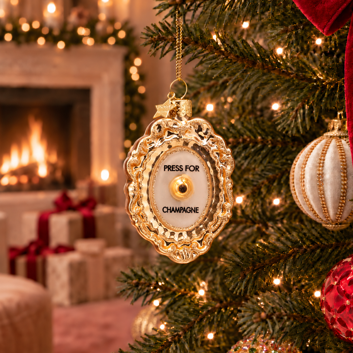 Weihnachtsanhänger goldener Klingelknopf Press for Champagne aus Glas mundgeblasen handbemalt H9cm
