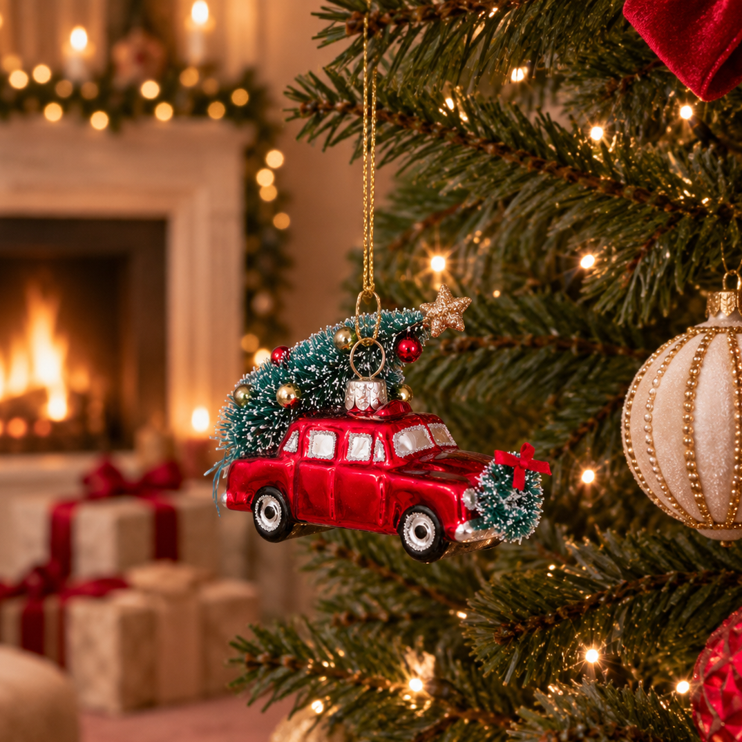Weihnachtsanhänger rotes Auto mit Weihnachtsbaum Glas mundgeblasen handbemalt H7.5cm