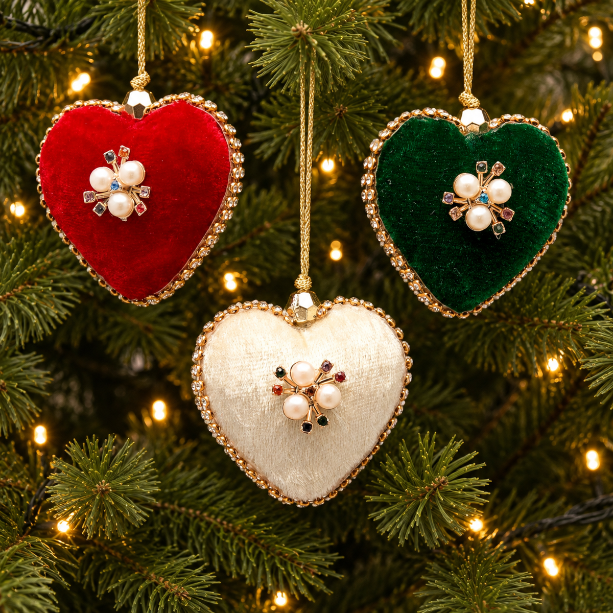 Weihnachtsanhänger 3er-Set Herz aus Samt Rot Grün Weiss Ø6cm
