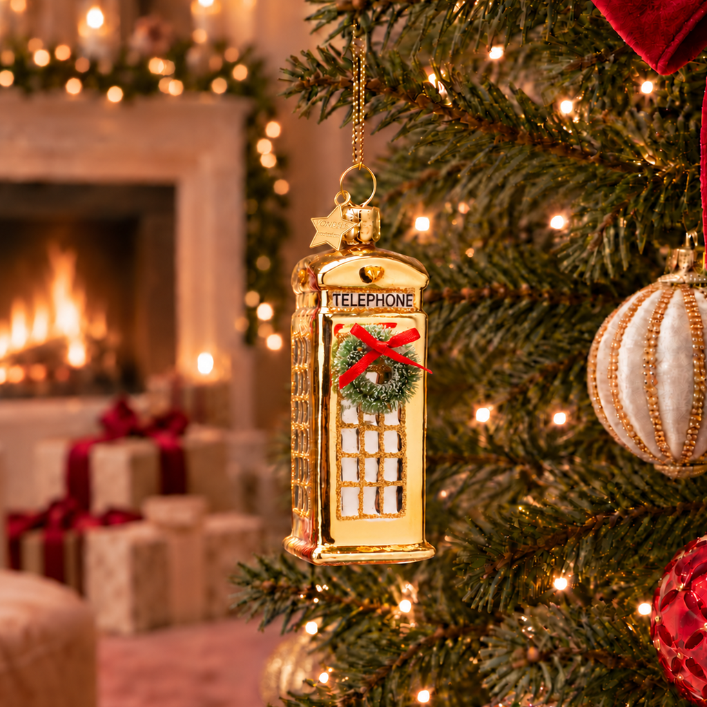 Weihnachtsanhänger goldene Telefonzelle London aus Glas mundgeblasen handbemalt H12cm