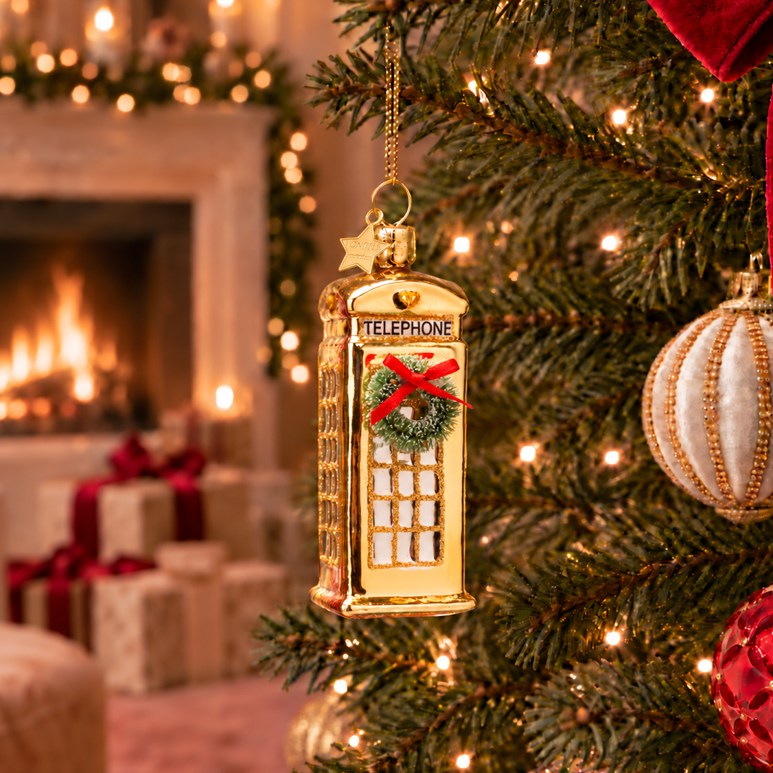 Weihnachtsanhänger goldene Telefonzelle London aus Glas mundgeblasen handbemalt H12cm