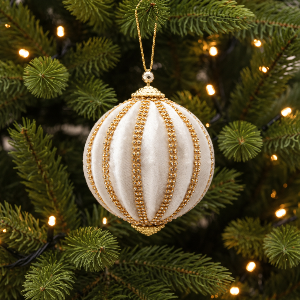 Weihnachtskugel Samt Goldperlendekor weiss Weihnachten Ø 10cm
