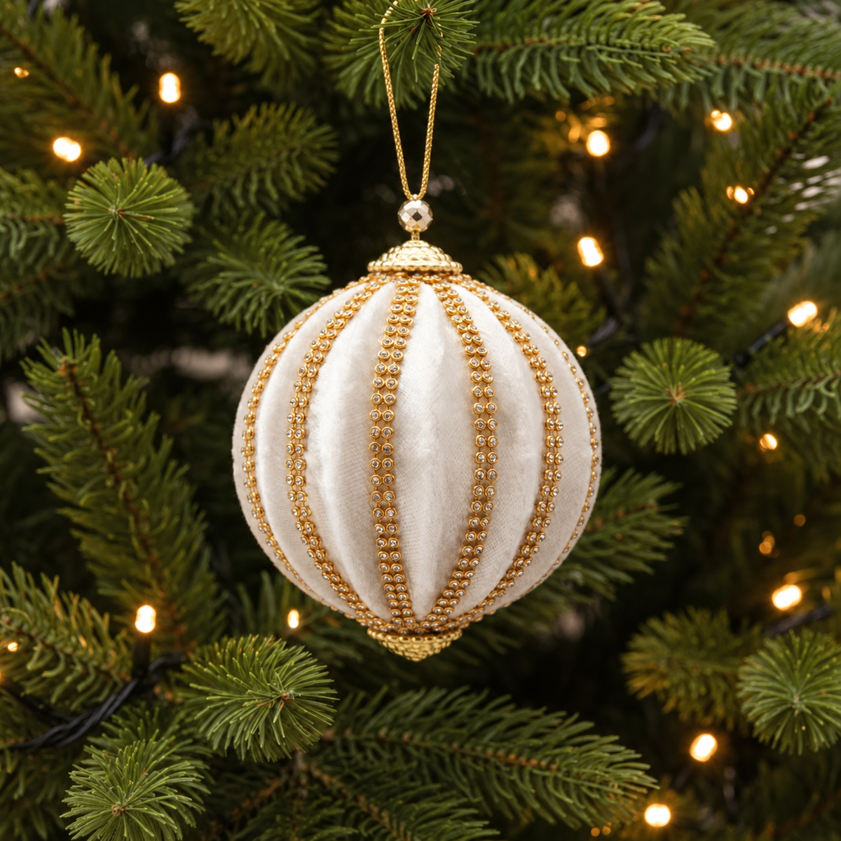 Weihnachtskugel Samt Goldperlendekor weiss Weihnachten Ø 10cm