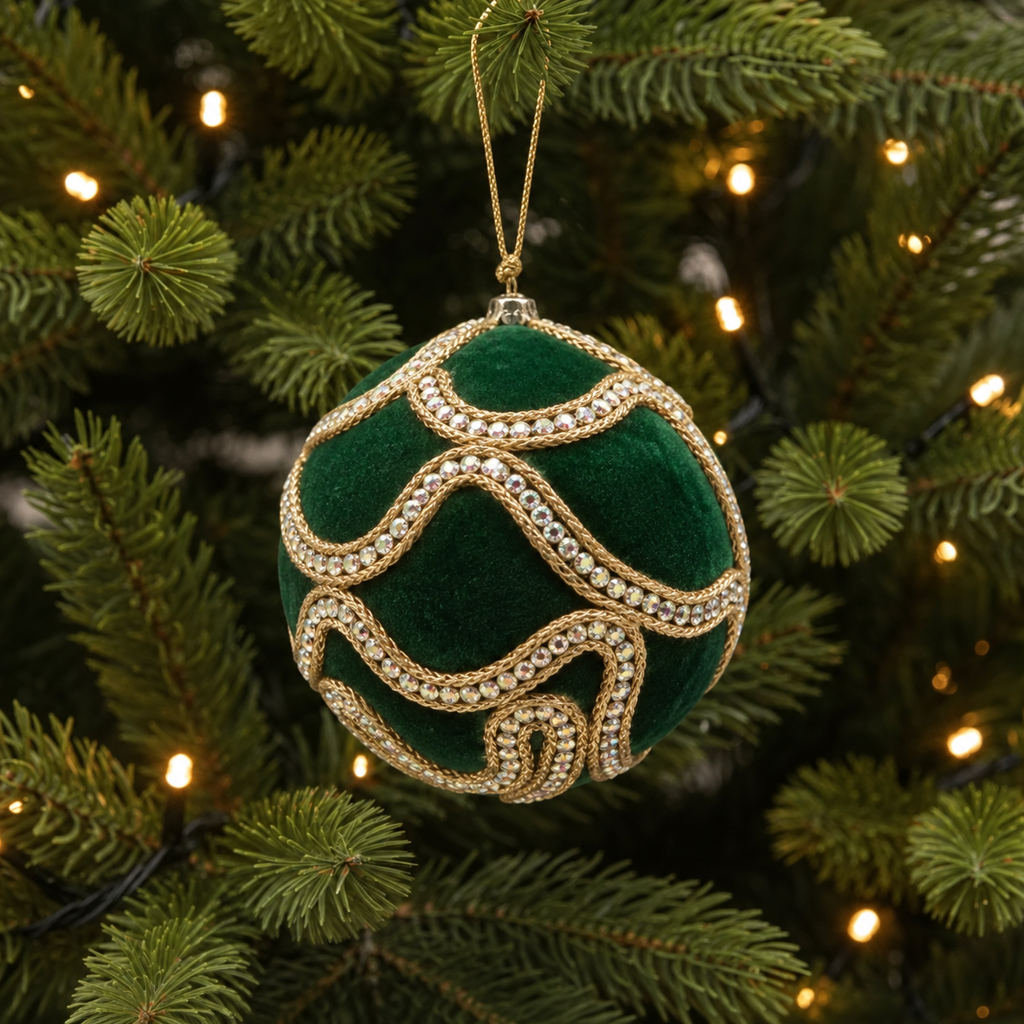 Weihnachtskugel Samt Grün mit Gold und Strassdekor Weihnachten Ø 10cm