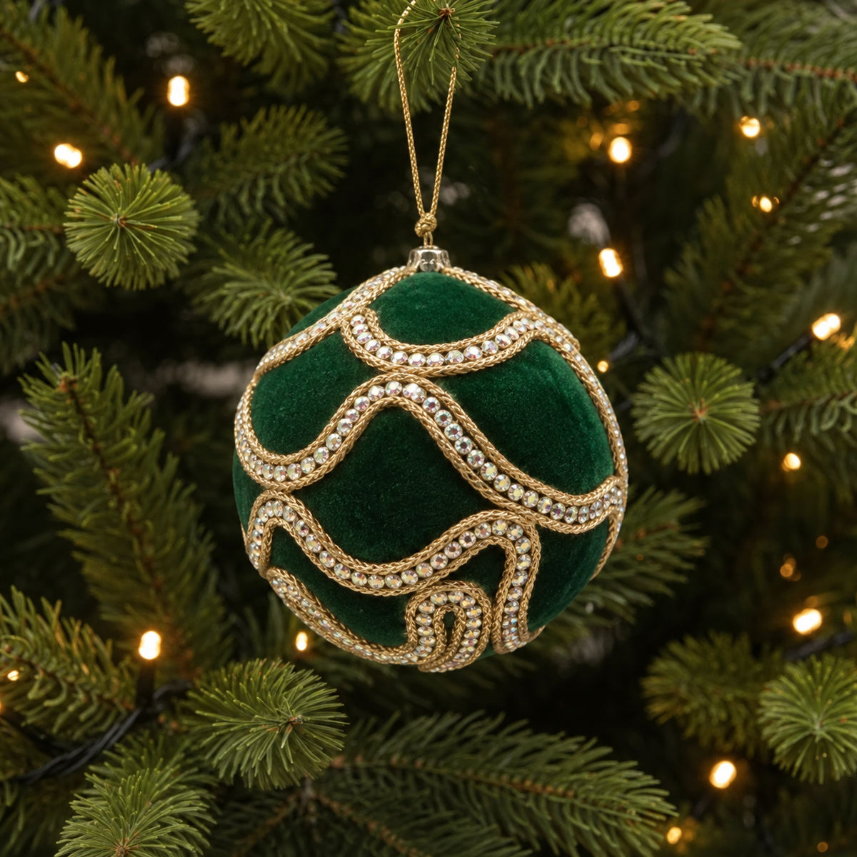 Weihnachtskugel Samt Grün mit Gold und Strassdekor Weihnachten Ø 10cm