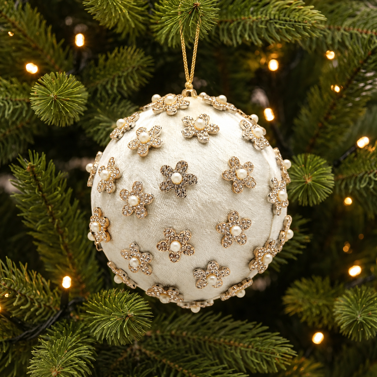 Weihnachtskugel Samt mit Strassblüten weiss Weihnachten Ø 12cm
