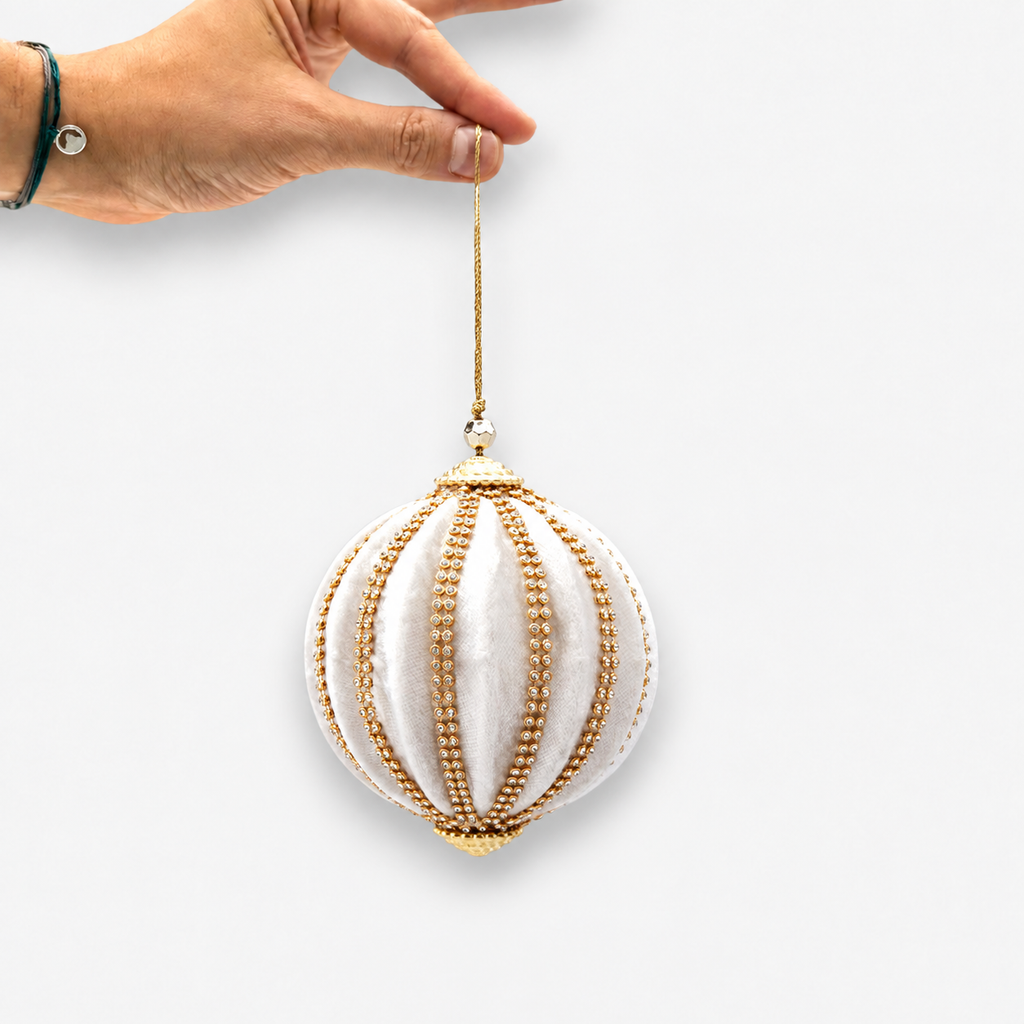 Weihnachtskugel Samt Goldperlendekor weiss Weihnachten Ø 10cm, Ansicht 3
