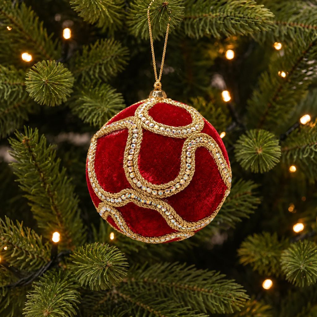 Weihnachtskugel Samt Rot mit Gold und Strassdekor Weihnachten Ø 10cm