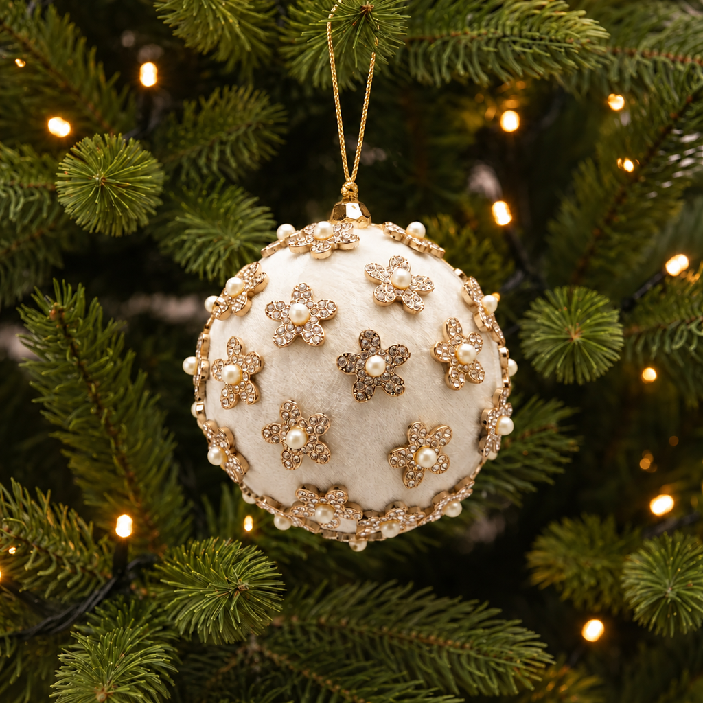 Weihnachtskugel Samt mit Strassblüten weiss Weihnachten Ø 10cm
