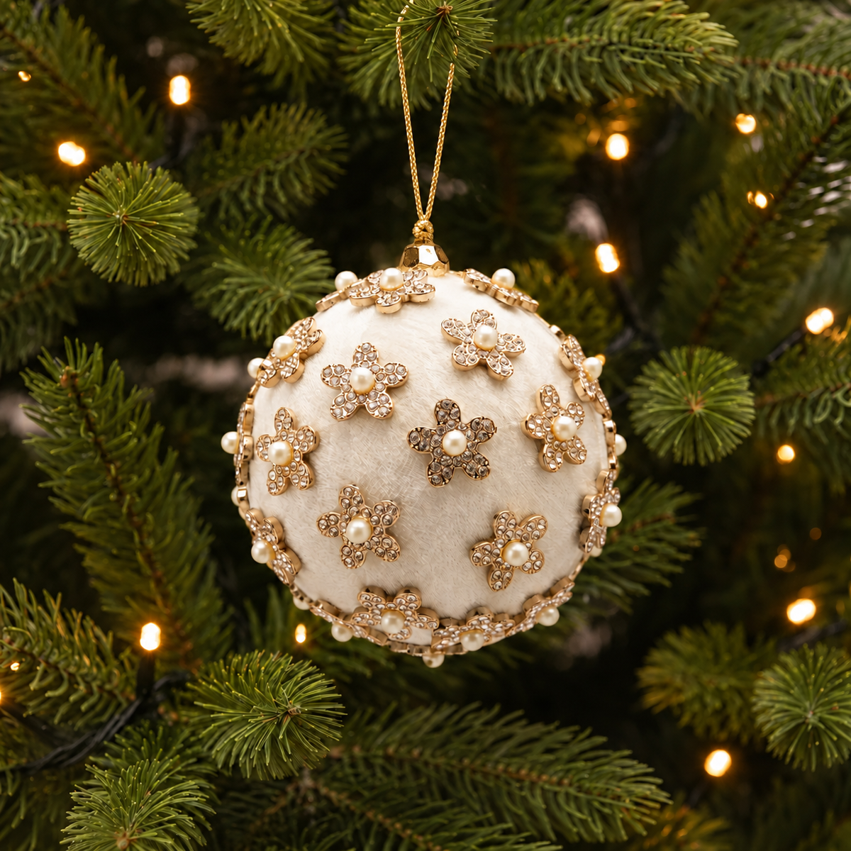 Weihnachtskugel Samt mit Strassblüten weiss Weihnachten Ø 10cm