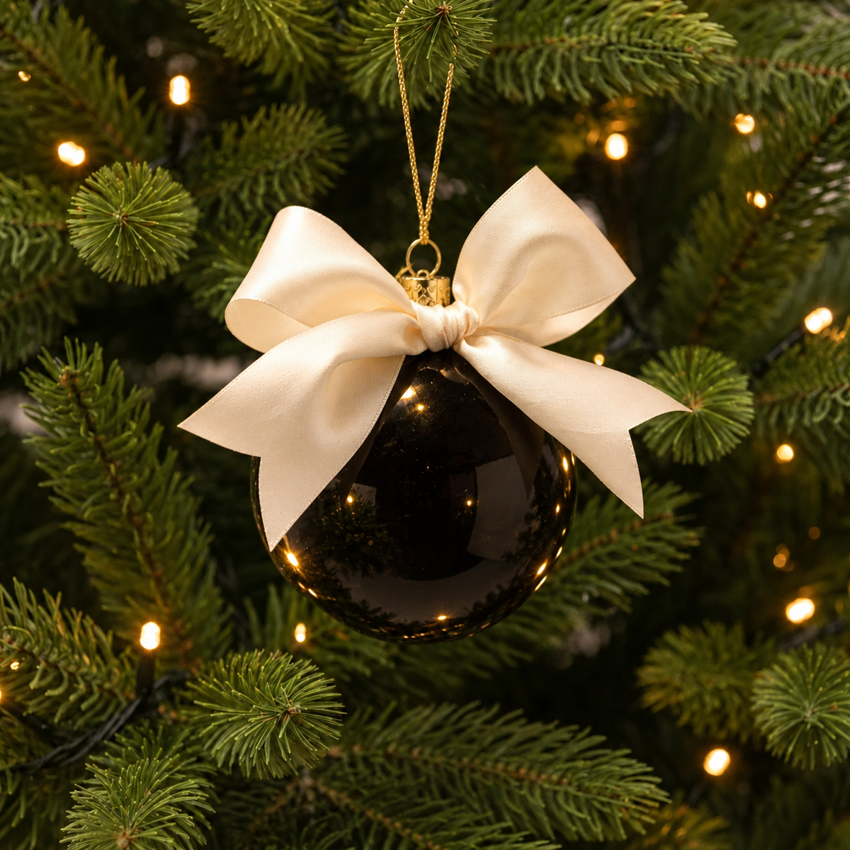 Weihnachtskugel Schwarz aus Glas mit Schleife mundgeblasen handbemalt Ø8.5cm