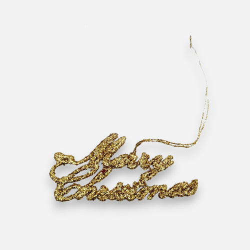 Anhänger Merry Christmas aus Glitter, Gold, Weihnachtsbaumschmuck Weihnachten Dekoration von Shishi
