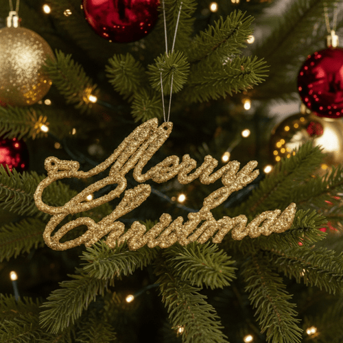 Anhänger Merry Christmas aus Glitter, Gold, Weihnachtsbaumschmuck Weihnachten Dekoration von Shishi