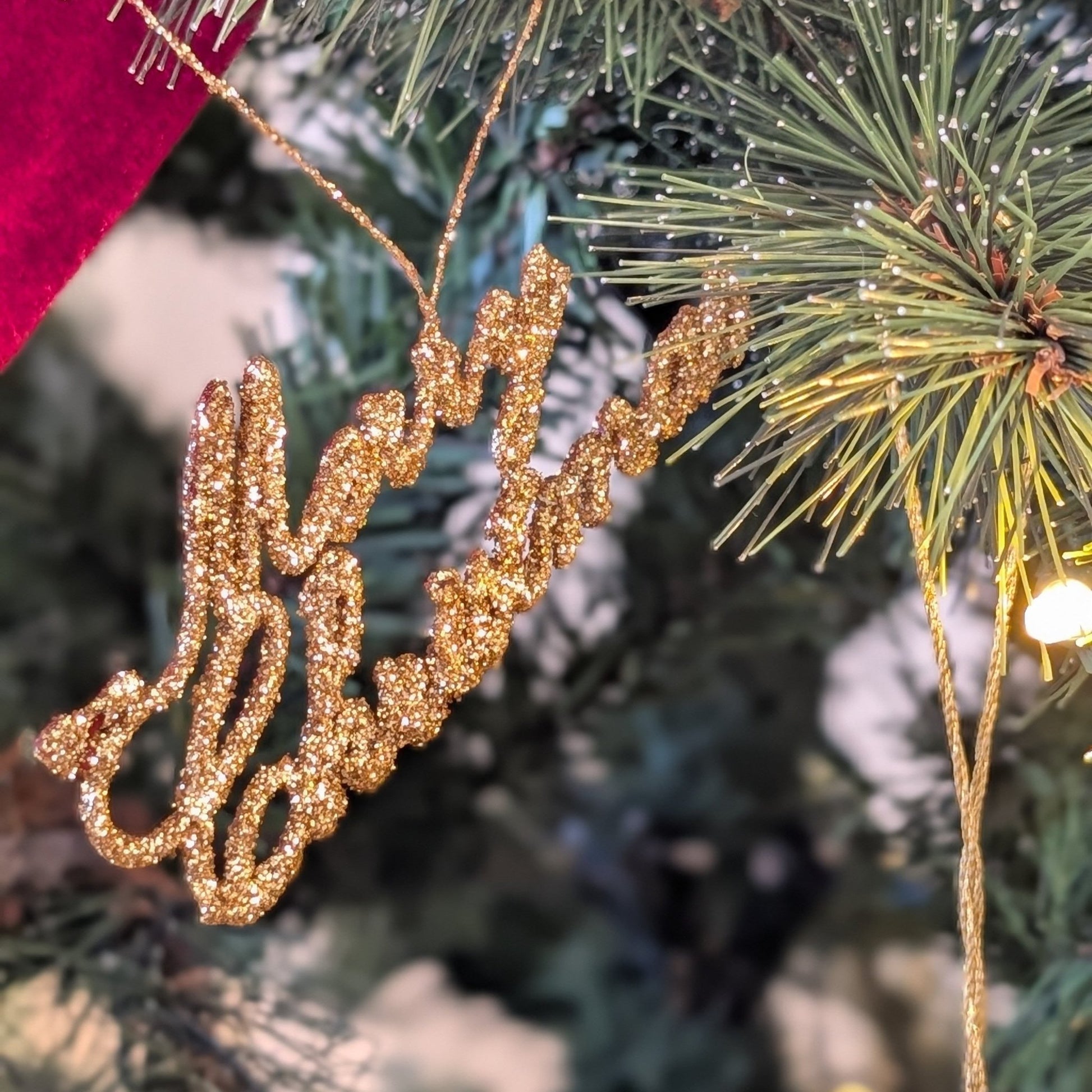 Anhänger Merry Christmas aus Glitter, Gold, Weihnachtsbaumschmuck Weihnachten Dekoration von Shishi