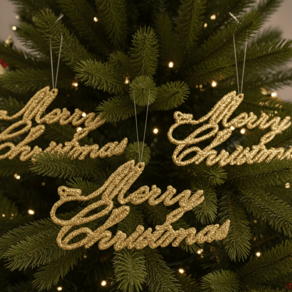 Anhänger Merry Christmas aus Glitter, Gold, Weihnachtsbaumschmuck Weihnachten, Einzelanhänger Dekoration von Shishi