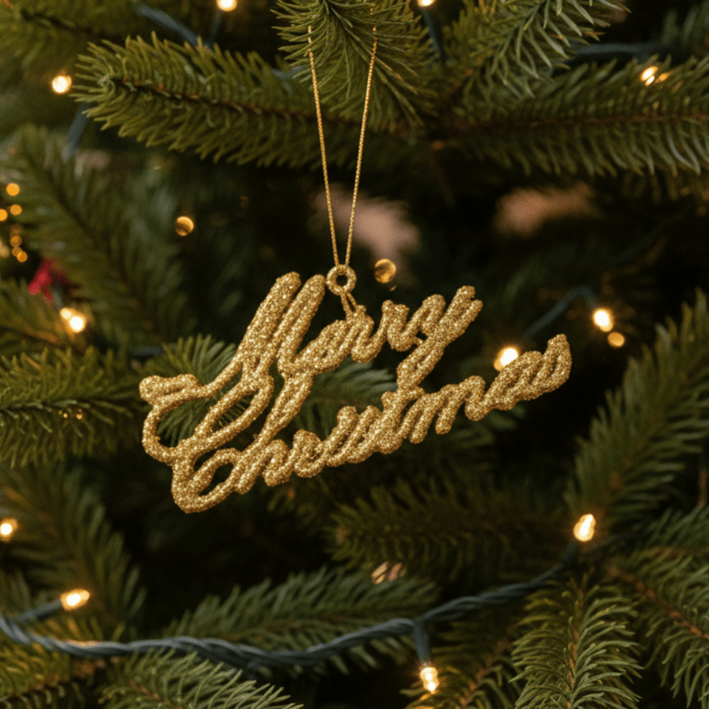 Anhänger Merry Christmas aus Glitter, Gold, Weihnachtsbaumschmuck Weihnachten, Einzelanhänger Dekoration von Shishi