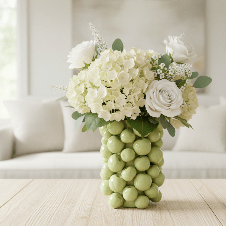 Apfelvase, Dekovase aus Keramik mit Apfelmotiv grün-mint glasiert gross Ø 19cm x H 28.5cm | Pomme Vasen von Classico