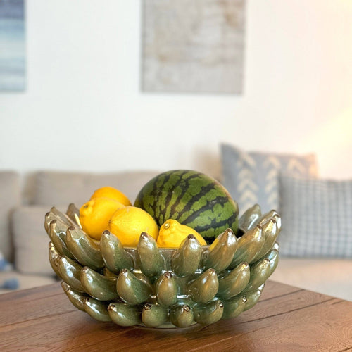 Bananenschale, Dekoschale aus Keramik mit Bananen Olivgrün Metallic Ø 35cm x H 16cm | Bananelle Geschirr von Light & Living