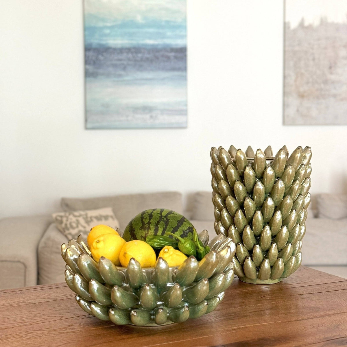 Dekovase Keramik Bananenmuster olivgrün – Vase Keramik Deko