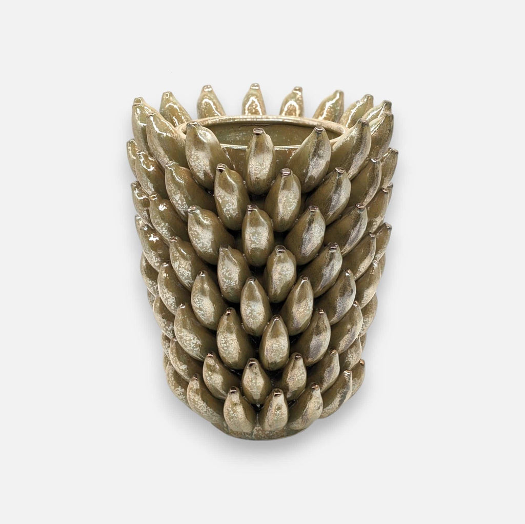 Bananenvase, Dekovase aus Keramik, olivgrün metallic, mit Bananenmuster, lasiert, B 25,5 cm × H 34 cm – von Light & Living