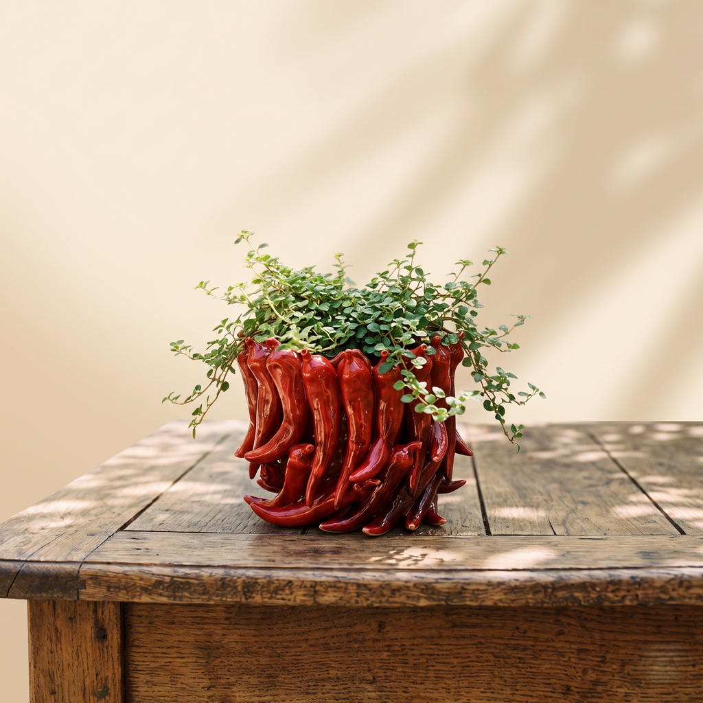 Dekoübertopf Keramik Chili Motiv rot – auffälliger Übertopf mit glänzender Oberfläche. Für farbenfrohe Wohnakzente und moderne, stilvolle Dekoration im Interior.