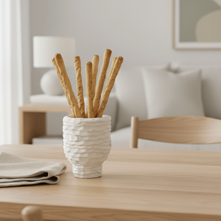 Betonvase, Dekovase aus handgefertigtem Beton, elfenbeinweiß, mit Wellenrillen, B 11,5 cm × H 14 cm – von Affari of Sweden