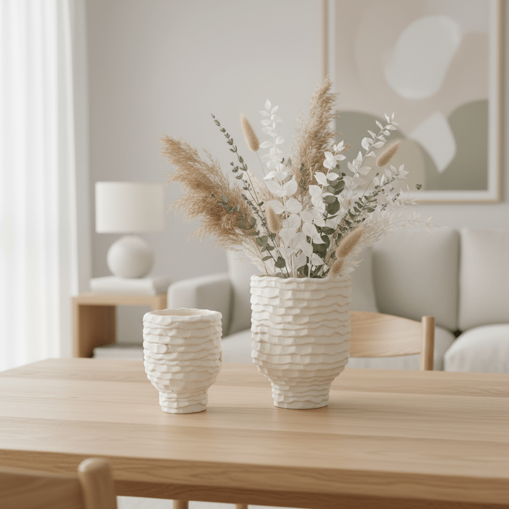 Betonvase, Dekovase aus handgefertigtem Beton, elfenbeinweiß, mit Wellenrillen, B 14,5 cm × H 18,5 cm – von Affari of Sweden