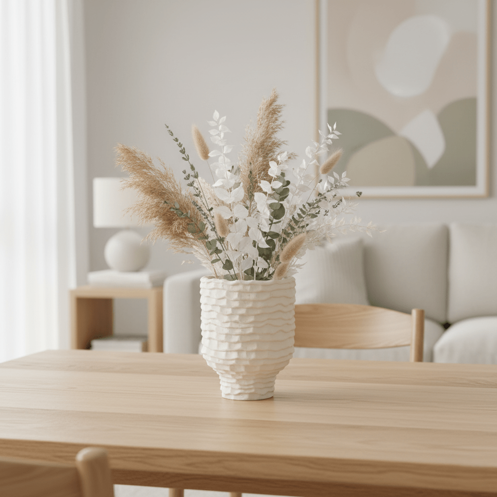 Betonvase, Dekovase aus handgefertigtem Beton, elfenbeinweiß, mit Wellenrillen, B 14,5 cm × H 18,5 cm – von Affari of Sweden