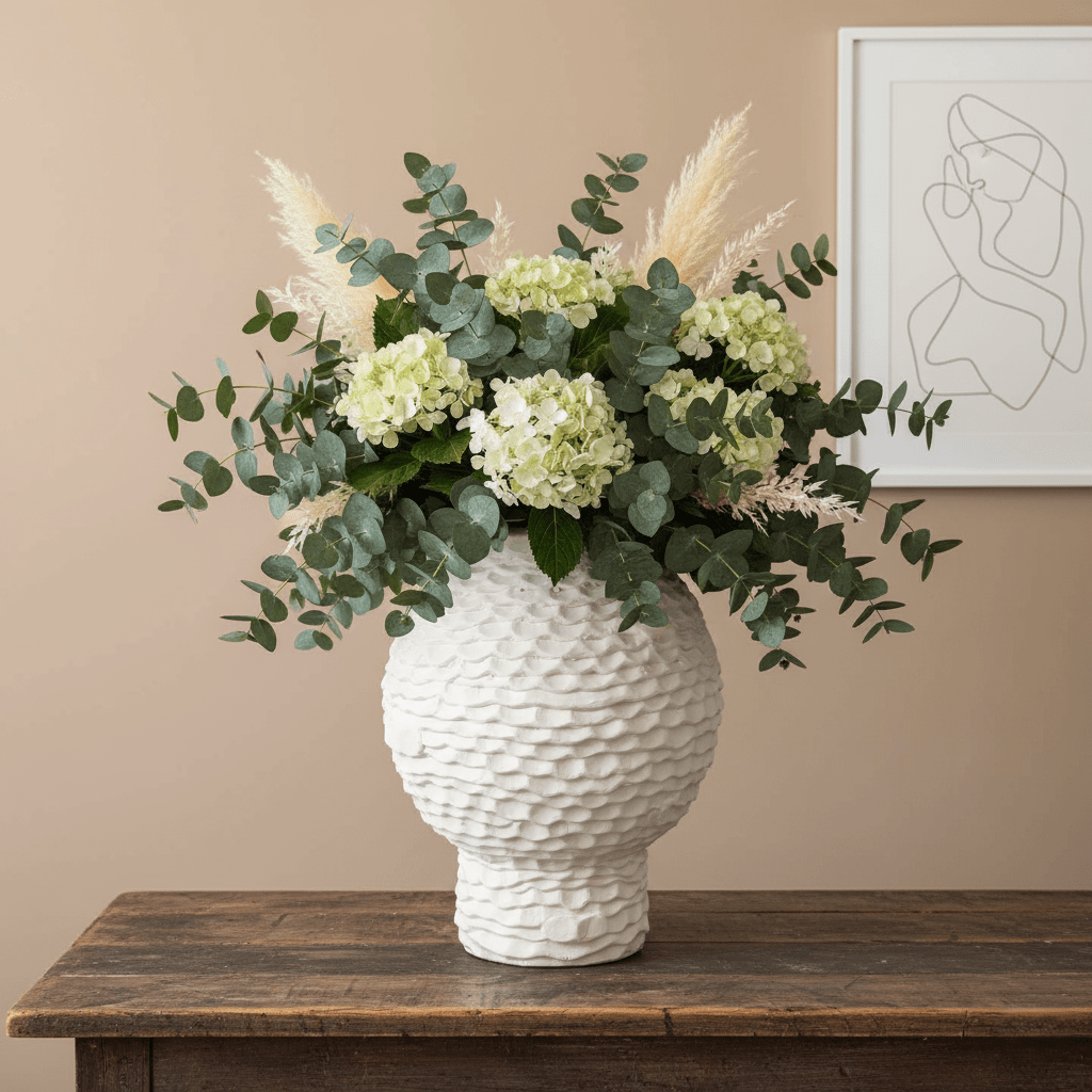 Betonvase, Dekovase aus handgefertigtem Beton, elfenbeinweiß, mit Wellenrillen, B 30 cm × H 36 cm – von Affari of Sweden