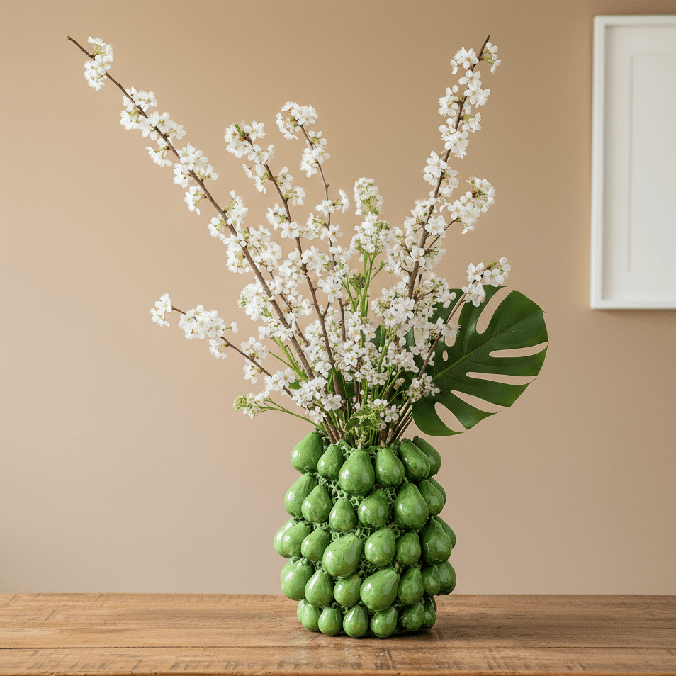 Birnenvase, Dekovase aus Keramik Grün mit Birnen Motiv H 38cm x Ø 35cm | Pirette Vasen von EDG