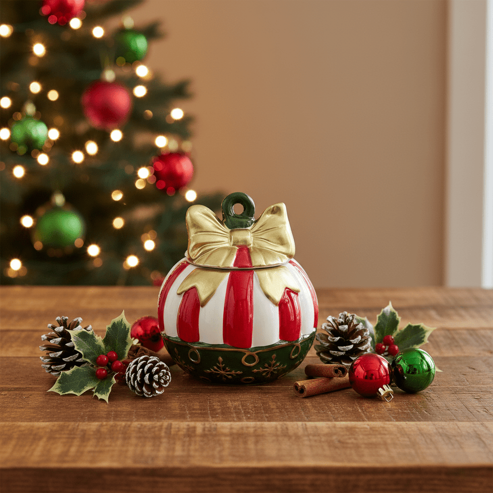 Bonbonniere aus Keramik mit Schleifen-Motiv, Ø 17.5cm, Weihnachts-Deko Geschirr von EDG