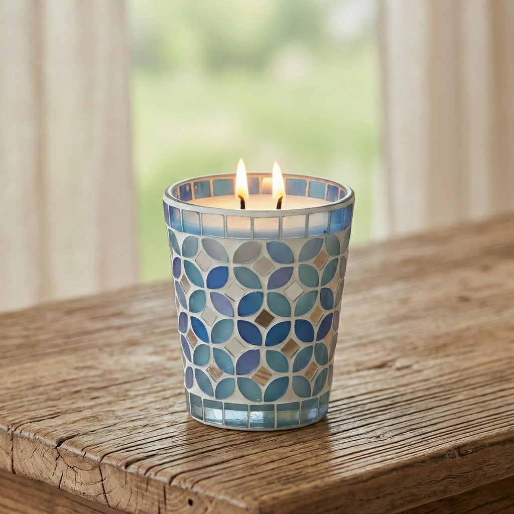 Duftkerze Glas Mosaik blau Geschenkbox Ø10.5cm H12cm Kerzenlicht von EDG