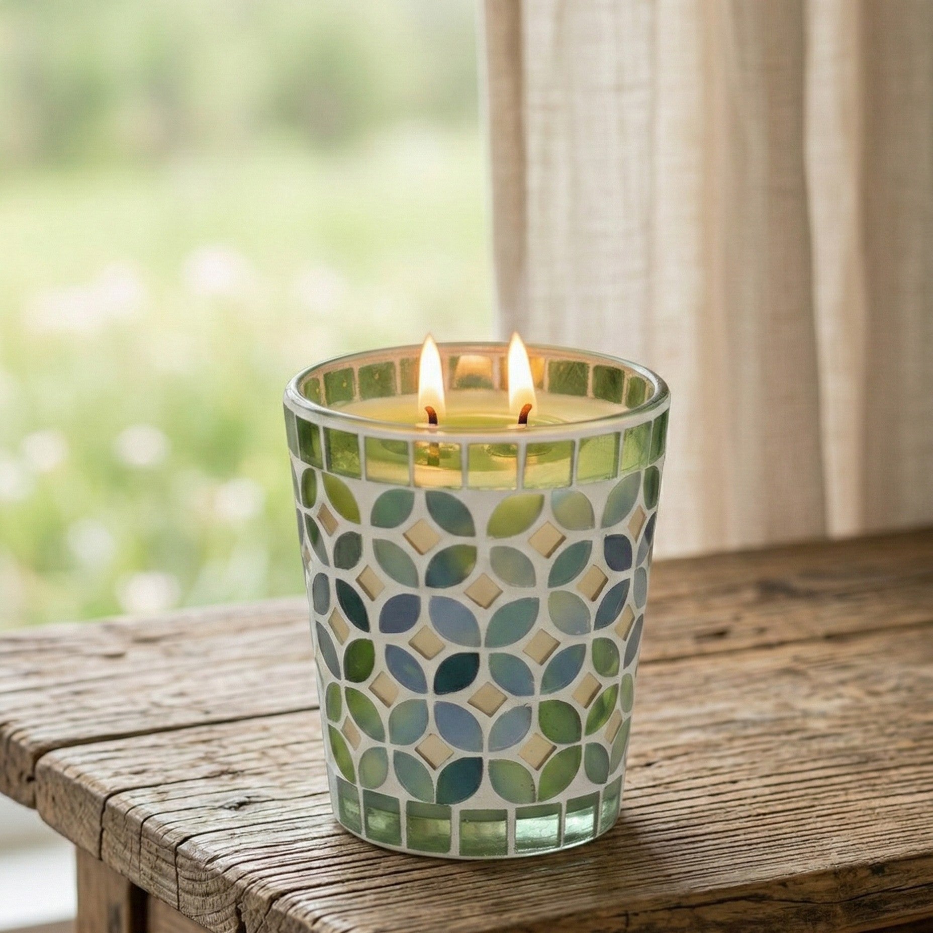 Duftkerze Glas Mosaik grün Geschenkbox Ø10.5cm H12cm Kerzenlicht von EDG