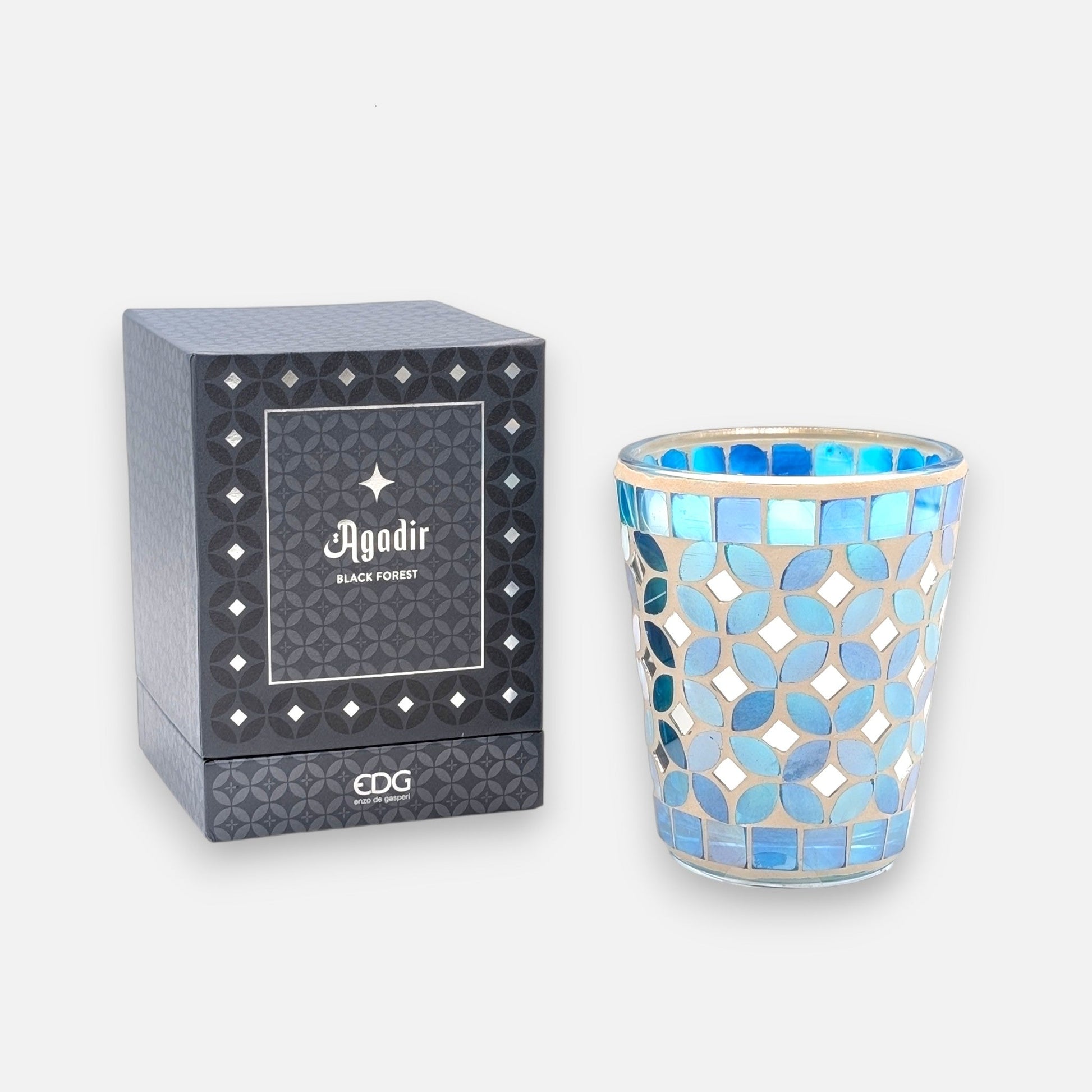 Duftkerze in blauem Mosaikglas, mit Geschenkbox, H 12cm Kerzenlicht von EDG