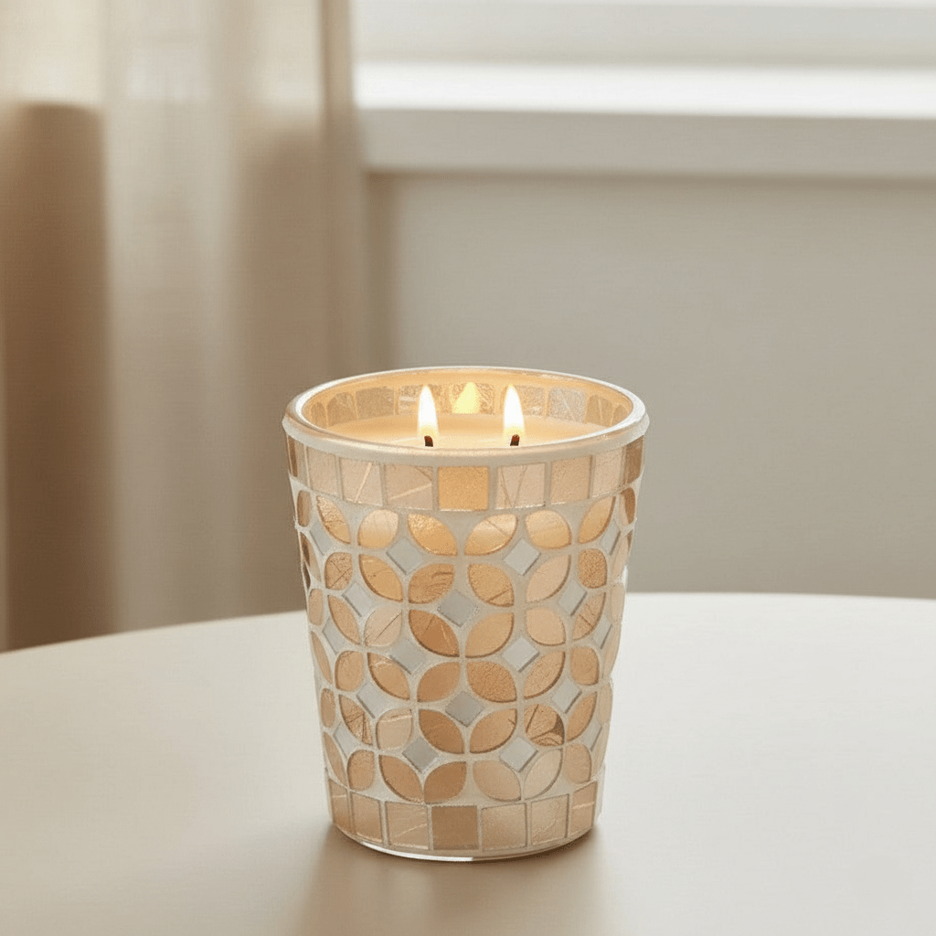 Duftkerze in braunem/beigem Mosaikglas, mit Geschenkbox, Ø 10.5cm H 12cm Kerzenlicht von EDG